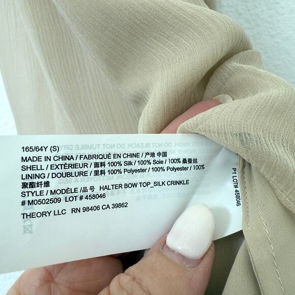 THEORY Halter Bow Top Silk Crinkle Sleeveless Tan Minimalist Size S - Picture 5 of 6